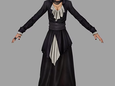 Woman In Black Floor Length Dress With White Ruffled Details Long Sleeves And Cinched Waist 3d model