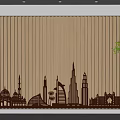 Light Brown Vertical Striped Background Wall With City Silhouette Traditional Modern Architecture And Green Plant