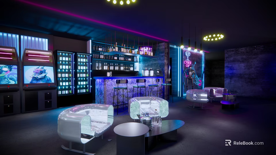 Modern Bar Interior Featuring Neon Lighting Bar Counter Bottle Displays And Stylish Seating 3d model 