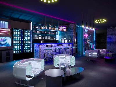 Modern Bar Interior Featuring Neon Lighting Bar Counter Bottle Displays And Stylish Seating 3d model