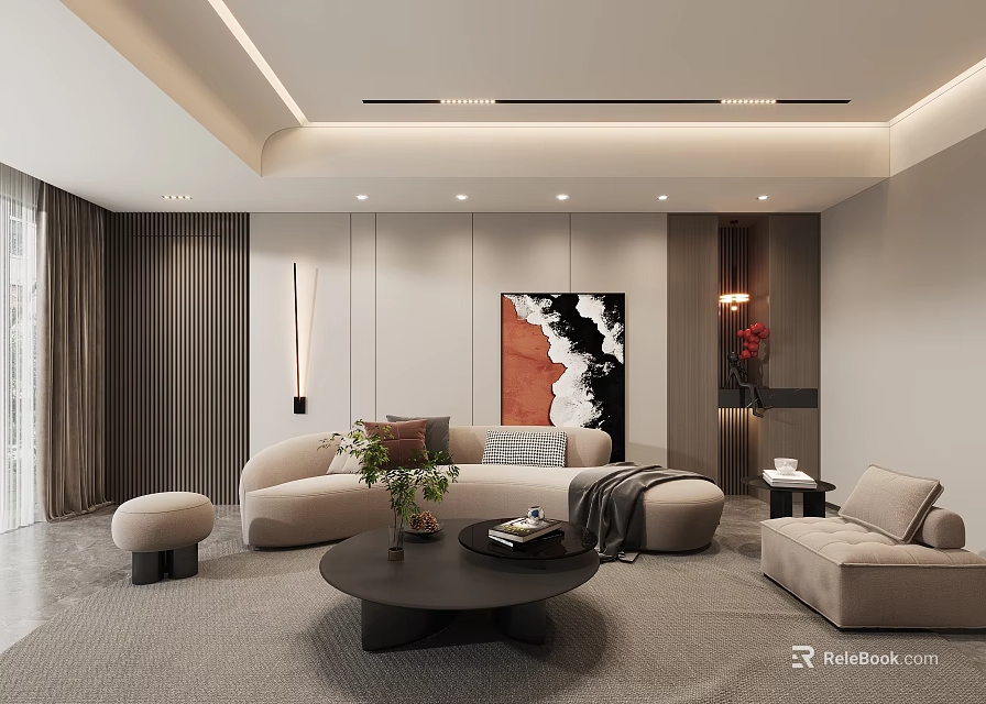 Elegant Modern Living Room Interior With Curved Beige Sofa Art Painting And Warm Ambient Lighting 3d model 