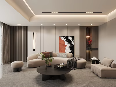 Elegant Modern Living Room Interior With Curved Beige Sofa Art Painting And Warm Ambient Lighting 3d model