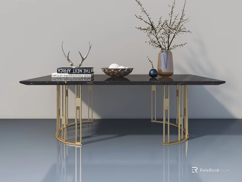 Innovative Landscape Sculpture Design With Golden Metal Frame Black Marble Top And Decorative Deer Antlers 3d model 