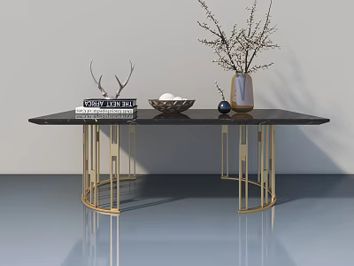 Innovative Landscape Sculpture Design With Golden Metal Frame Black Marble Top And Decorative Deer Antlers 3d model