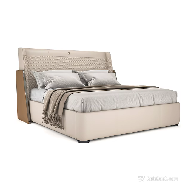 Modern Double Bed With Upholstered Headboard Light Beige Frame And Decorative Pillows 3d model