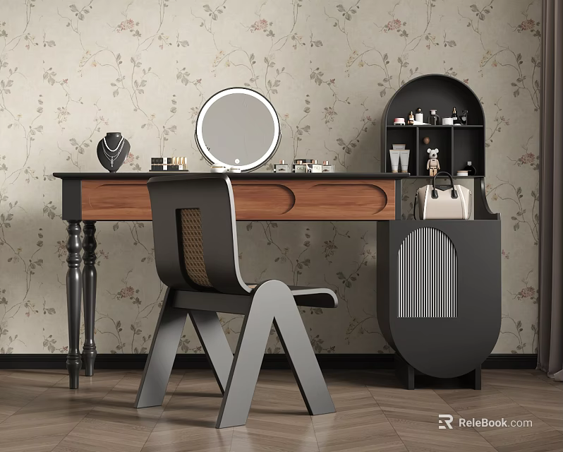 Stylish Wooden Dressing Table with Round Mirror and Chair Against Floral Wallpaper with Decorative Items 3d model 