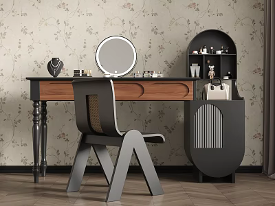 Stylish Wooden Dressing Table with Round Mirror and Chair Against Floral Wallpaper with Decorative Items 3d model