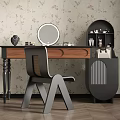 Stylish Wooden Dressing Table with Round Mirror and Chair Against Floral Wallpaper with Decorative Items