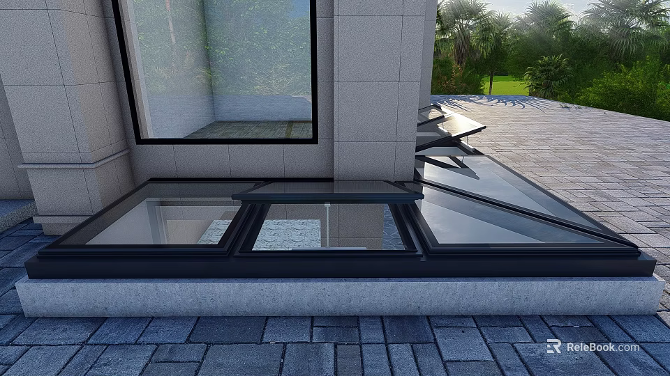 Single Family House Exterior Featuring Glass Skylights Gray Stone Walls Wooden Terrace And Greenery 3d model 