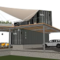 Shipping Container Rest Stop With Awning Car Parking And Outdoor Seating Area