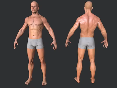 Man Showing Muscular Body Front And Back View In Grey Shorts 3d model