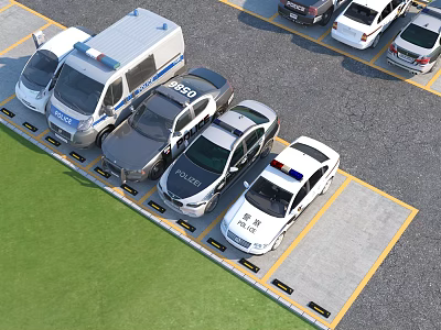 Parking Lot With Multiple Police Cars White Van Yellow Lines And Green Grass 3d model