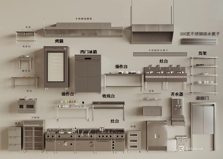 Commercial Restaurant Kitchen Equipment Setup With Shelves Refrigerators Worktables Stoves Sinks And Cabinets 3d model 