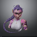 3D Fantasy Female Character With Purple Braided Hair White Top And Lightning Patterns