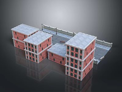 3D Model of Red Brick Buildings With Multiple Structures Gray Roofs and Open Space 3d model