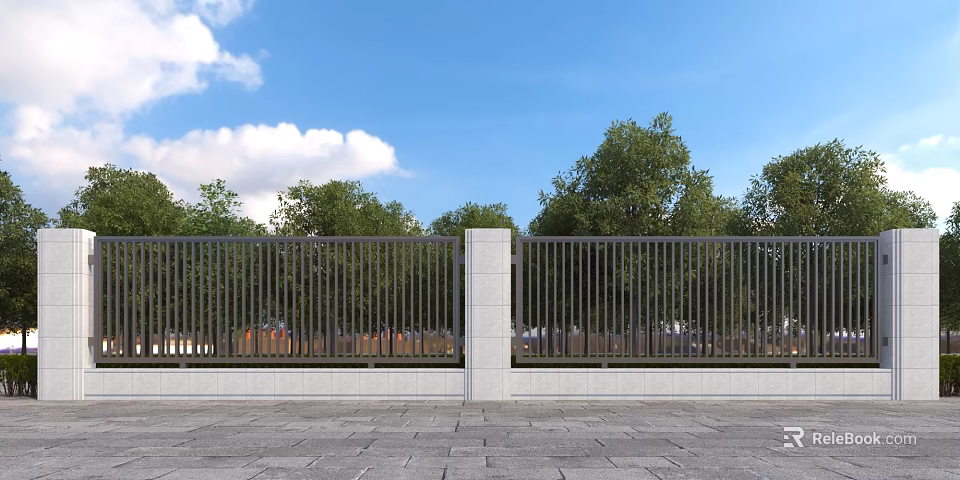 Building Exterior Wall With Metal Railings White Pillar Stone Pavement Green Trees And Blue Sky 3d model 