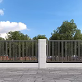 Building Exterior Wall With Metal Railings White Pillar Stone Pavement Green Trees And Blue Sky