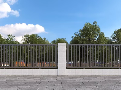 Building Exterior Wall With Metal Railings White Pillar Stone Pavement Green Trees And Blue Sky 3d model