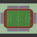 Modern Football Stadium With Green Grass Pitch Red Running Track And Blue Seats