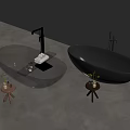 Amber Transparent And Black Freestanding Bathtubs With Small Stools And Plants