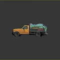 Yellow Pickup Truck With Open Cargo Bed Covered By Green And Blue Tarps
