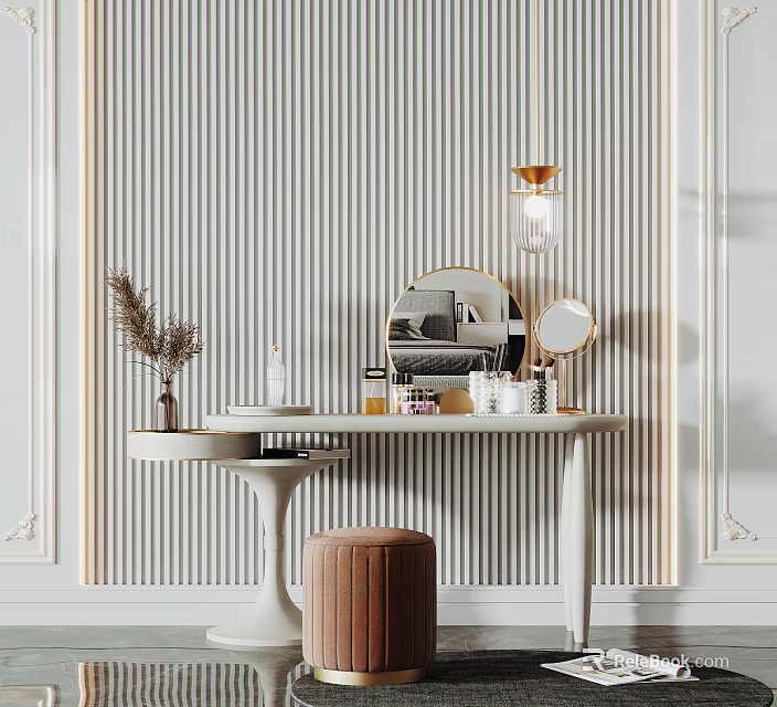 Elegant Dressing Table With Striped Wallpaper Gold Pendant Light Mirror And Stool 3d model