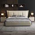 Modern Double Bed With Beige Upholstered Headboard Gray White Bedding Nightstands And City View