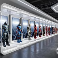 Iron Man Suits Displayed In Modern Exhibition Hall With White Cases And Smooth Floor