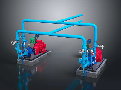 Industrial Pipeline Equipment With Blue Pipes Red Pumps And Valves On Concrete Bases 3d model