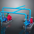 Industrial Pipeline Equipment With Blue Pipes Red Pumps And Valves On Concrete Bases