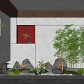 Modern Chinese Style Garden Decorative Elements With Red Wall Bamboo Rock Formations And Stone Lanterns