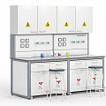 Laboratory Workbench Setup With Upper Cabinets Warning Signs Reagent Bottles And Stools
