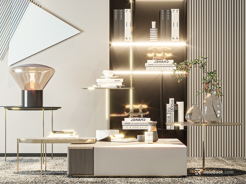 Modern Living Room Coffee Table With Glass Surface Gold Frame And Decorative Plant 3d model 