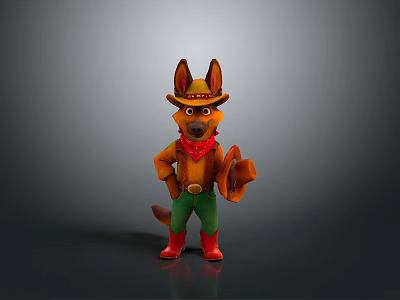 Cartoon Dog Character Wearing Cowboy Hat Red Bandana Green Pants And Red Boots 3d model