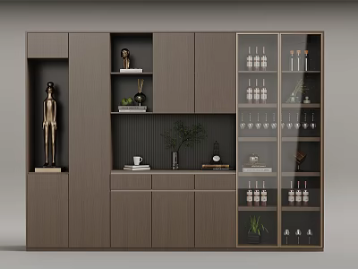 Modern Wooden Cabinet with Glass Doors Shelves Decorative Items Green Plant Wine Glasses and Books 3d model