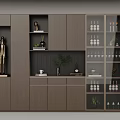 Modern Wooden Cabinet with Glass Doors Shelves Decorative Items Green Plant Wine Glasses and Books