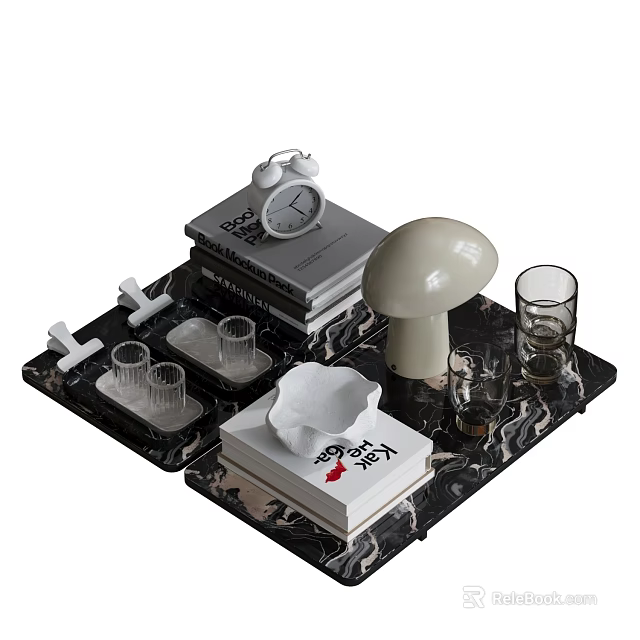 Elegant Decorative Ornament Set with Marble Tray Books Alarm Clock Mushroom Decor and Glass Cups 3d model 