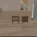 Two Wooden Modern Bedside Tables With Potted Plant Floor Lamp And Wall Art