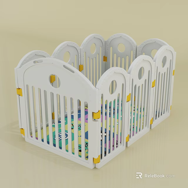 White Baby Playpen With Arched Gates Yellow Connectors And Colorful Mat Inside 3d model 