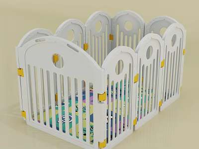 White Baby Playpen With Arched Gates Yellow Connectors And Colorful Mat Inside 3d model