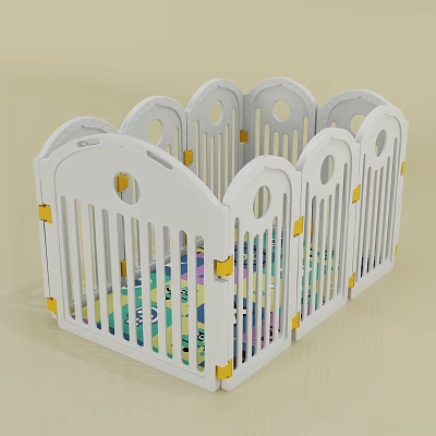 White Baby Playpen With Arched Gates Yellow Connectors And Colorful Mat Inside 3d model