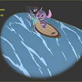 Playful Stitch Character Surfing On Blue Waves With Pink Surfboard And Splashes
