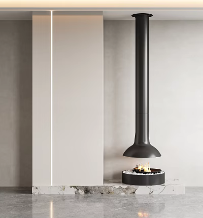 Modern Hanging Fireplace with Black Chimney Design in Minimalist Interior Space and Burning Flames 3d model