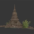 Modern Interior Scene With Ancient Stone Tower Model And Green Plants