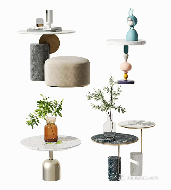 Modern Round Accent Tables With Marble Surfaces Metal Legs Green Plants And Vases 3d model 