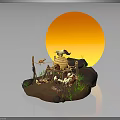 Rustic Sunset Country Scene With Wooden Hut Bird Green Grass And Stones