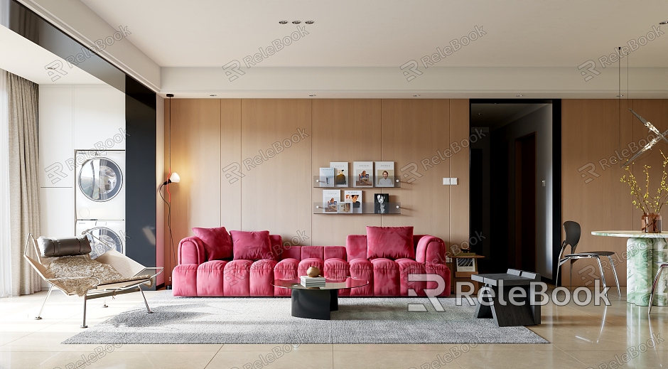 Modern Simple Guest Restaurant Red Fabric Multi-person Sofa Glass Coffee Table Casual Single Recliner Dining Table and Chair Combination model