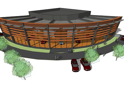Modern Circular Building Design with Wooden Facade Roof and Surrounding Trees Cars 3d model