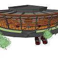 Modern Circular Building Design with Wooden Facade Roof and Surrounding Trees Cars