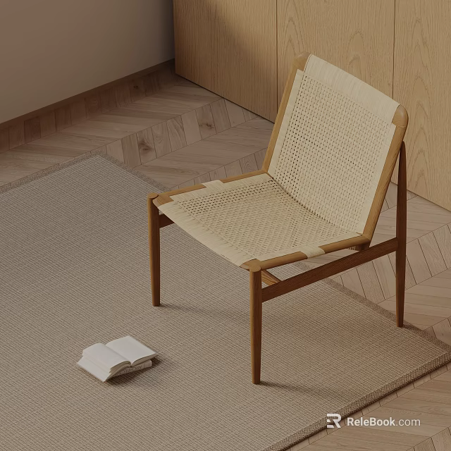 Minimalist Dining Chair With Wooden Frame Woven Seat Back On Light Carpet With Open Book 3d model 